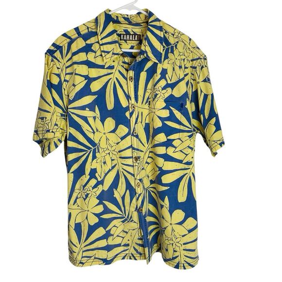 Vintage Kahala Hawaiian Camp Shirt Mens XL Yellow Blue Tropical Copyright Print - Picture 1 of 9